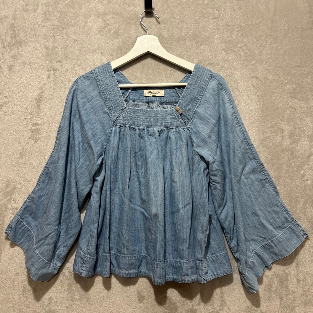 Madewell Square Neck Light Blue Cotton Lyocell Denim Peasant Top‎ Women's Sz S